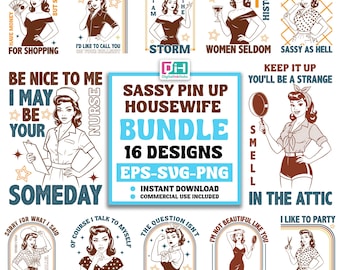 Bundle SVG Pin Up ménagère impertinente, citations de femme vintage rétro PNG (téléchargement numérique)