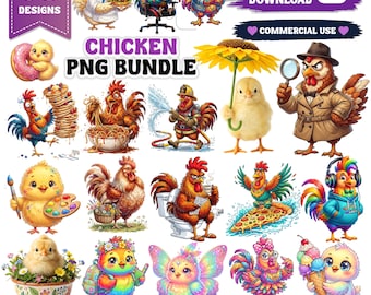 Poulet PNG Bundle, clipart mignon coq, sublimation de drôle de poulet, animaux de la ferme PNG, poussin kawaii, téléchargement numérique.