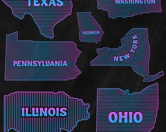 Carte artistique néon des États-Unis, graphismes modernes (téléchargement numérique)