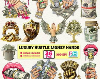 Lot de cliparts luxueux mains d'argent, graphiques Cash Grind, sublimation Rich Vibes, autocollant Money Hustler, sac d'argent PNG, ongles bling.