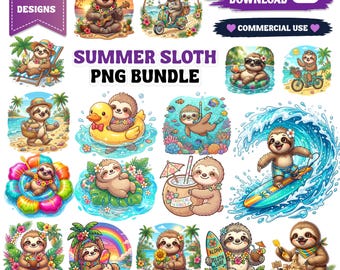 Bundle PNG paresseux de l'été, clipart mignon paresseux tropical, t plage paresseux sublimation PNG, Animal kawaii, téléchargement numérique.