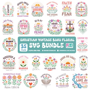 Bundle SVG floral bohème chrétien, modèles de chemise chrétienne, Fatih en fleurs, clipart de verset de la Bible inspirant, Boho floral religieux PNG.