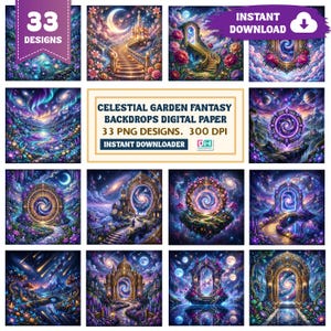Paquete de papeles digitales de fantasía celestial, fondo de galaxia PNG, fondo de jardín cósmico, álbum de recortes de fantasía espacial, descarga digital.