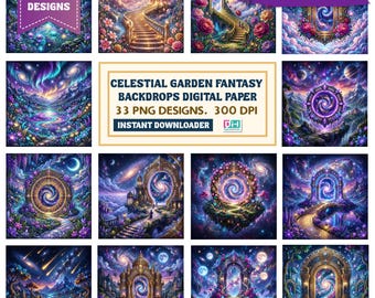 Bundle de papier numérique Celestial Fantasy, toile de fond galaxie PNG, fond jardin cosmique, scrapbooking Space Fantasy, téléchargement numérique.