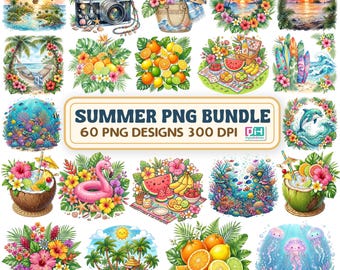 Bundle PNG d'été, Bundle de cliparts tropicaux, vacances à la plage PNG, Sublimation de motifs floraux d'été, océan et fruits PNG Bundle