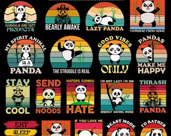 Ensemble Svg panda drôle | 24 designs de citations panda | Fichiers Panda PNG SVG EPS rétro vintage pour Cricut, sublimation, t-shirt et autocollants