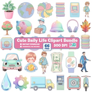 Cute Daily Life Clipart Bundle PNG, 66 Kawaii Cartoon Icons, Kids Lifestyle Objects Set, Money Travel Tech Illustrations, Commercial Use