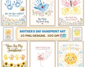 Bundle d'art PNG pour la fête des mères, empreinte de main pour enfants, imprimable, chambre d'enfant floral PNG, téléchargement numérique