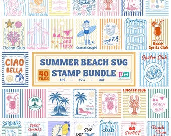 Ensemble SVG été côtier, ensemble de cliparts de plage, motifs de vacances à la plage sur l'océan, cocktail de sardines au homard, sublimation d'été bohème.