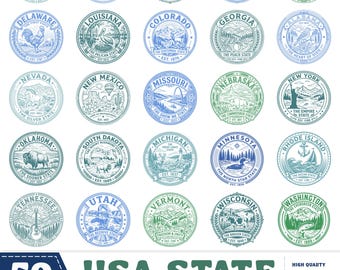 Bundle Svg paysage urbain des États-Unis, lot d'insignes de timbres d'État des États-Unis, 50 sceaux d'État vintage, chemises d'État américain PNG, fichiers pour Cricut