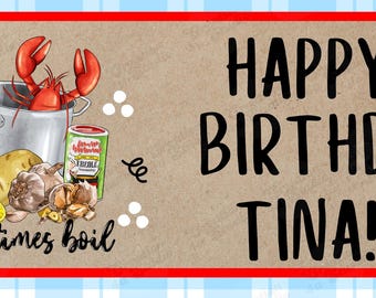 Banner personalizable de cumpleaños con temática de mariscada, Canva, diseño editable, archivo para descargar.