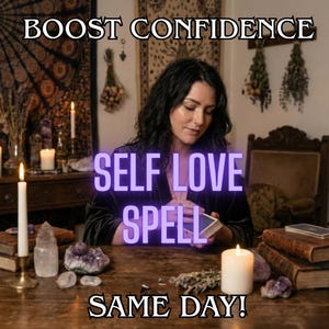 May include: An image with the text "BOOST CONFIDENCE" at the top and "SELF LOVE SPELL" in the center. The text "SAME DAY!" is at the bottom. A person is holding cards, with candles and crystals on a wooden table.