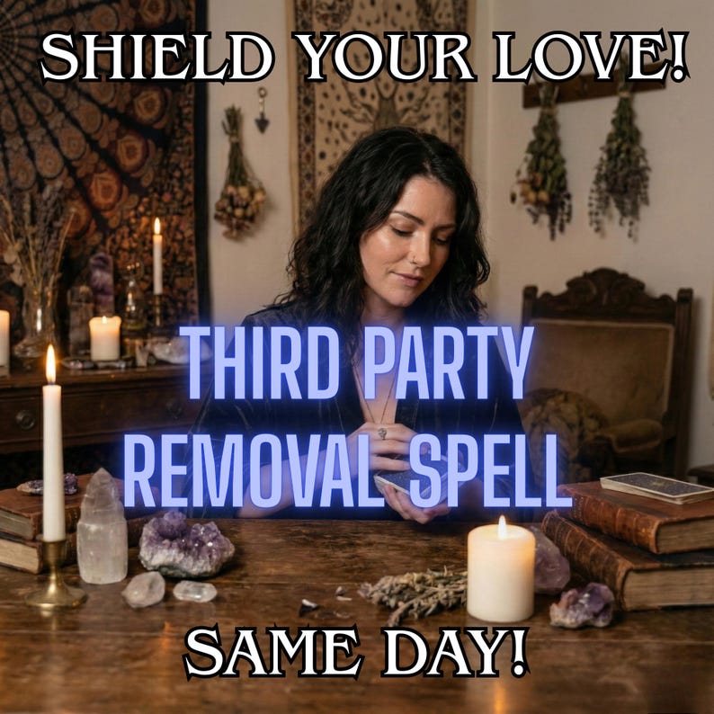 May include: An image with text that reads "SHIELD YOUR LOVE! THIRD PARTY REMOVAL SPELL SAME DAY!" A woman sits at a wooden table with candles, crystals, and books. The scene has a mystical, spiritual theme.