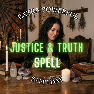 May include: An image featuring a woman with dark hair, surrounded by candles, crystals, and books. The text "EXTRA POWERFUL JUSTICE & TRUTH SPELL SAME DAY" is overlaid on the image, suggesting a spiritual or metaphysical theme.