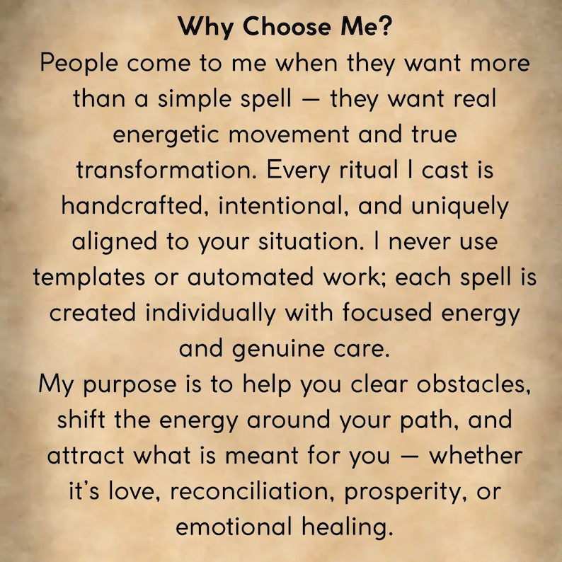 May include: Text on a beige background reads "Why Choose Me?" followed by descriptive text about handcrafted rituals, energetic movement, and transformation. The text mentions clearing obstacles and attracting love, prosperity, and healing.
