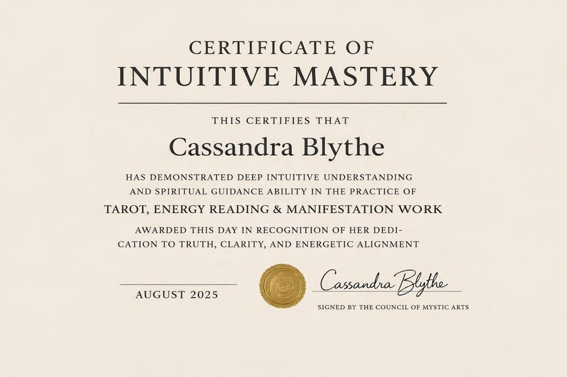 May include: A certificate of intuitive mastery on cream-colored paper. The certificate is awarded to Cassandra Blythe for demonstrating intuitive understanding in tarot, energy reading, and manifestation work. Includes a gold seal and signature, dated August 2025.