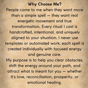 May include: Text on a beige background reads "Why Choose Me?" followed by descriptive text about handcrafted spells, energetic movement, and transformation. The text mentions clearing obstacles and attracting love, prosperity, and emotional healing.