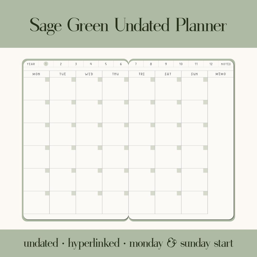 Sage Green Undated Digital Planner | iPad & Goodnotes | Monthly, Weekly ...
