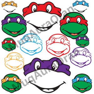May include: A collection of Teenage Mutant Ninja Turtles faces in various colors. The image features green turtle faces with colored masks in red, purple, blue, and orange. The turtles' smiles are also visible.