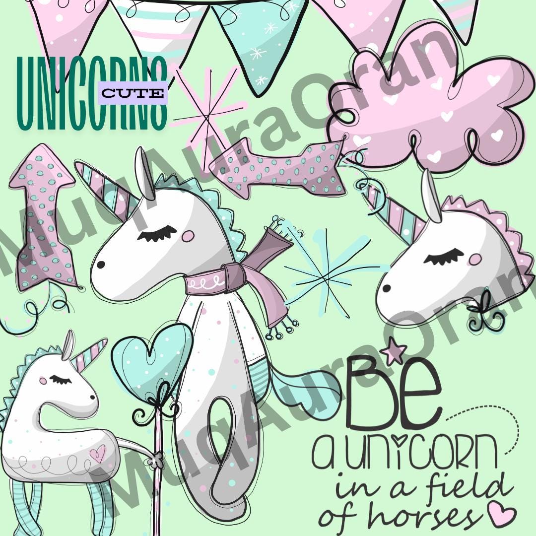 Cute Unicorn Clipart Bundle, Pastel Unicorn PNG, Baby Unicorn Graphics ...