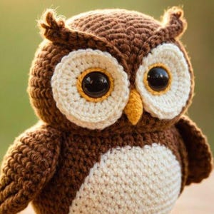 Puede incluir: Un peluche de búho tejido a ganchillo en color marrón y crema, con grandes ojos negros de plástico, un pequeño pico amarillo y puntadas de hilo texturizadas. El búho tiene mechones en las orejas, una barriga redonda y patas amarillas.