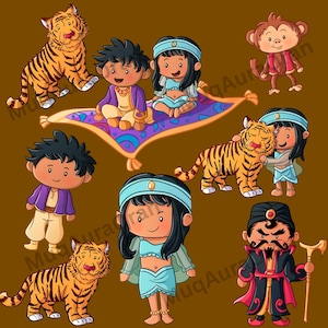 May include: A collection of cartoon illustrations featuring characters and elements from a popular animated film. The images include a tiger, a monkey, a magic carpet, and various characters in colorful outfits. The overall theme is a children's fantasy.