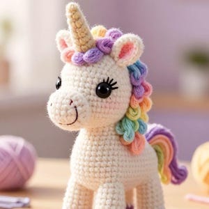 May include: A crocheted unicorn toy with a cream-colored body, a golden horn, and a rainbow-colored mane and tail. The unicorn features black button eyes with long eyelashes, pink blush on its cheeks, and purple hooves on its four legs.