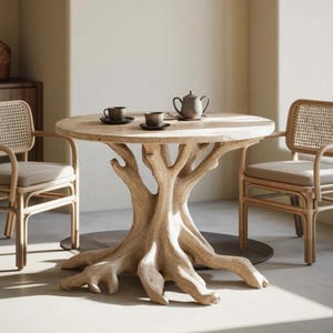 Handgemaakte bijzettafel van boomwortels, rustieke massief houten sokkeltafel, organische sculpturale accenttafel, ronde bijzettafel van natuurlijk hout.