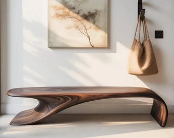 Banco de entrada de madera hecho a mano, asiento escultural de nogal, banco de pasillo moderno y orgánico, mueble minimalista para el pie de la cama, banco de madera artesanal