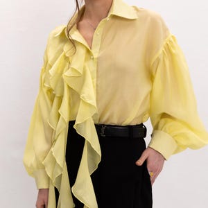 Elegant Tencel Ruffle Blouse – Sheer Yellow Statement Shirt, Romantic Voluminous Sleeve Top, Sustainable Luxury Women’s Blouse