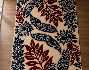 Alfombra botánica de lana tejida a mano, color azul marino, burdeos y marfil con estampado floral.
