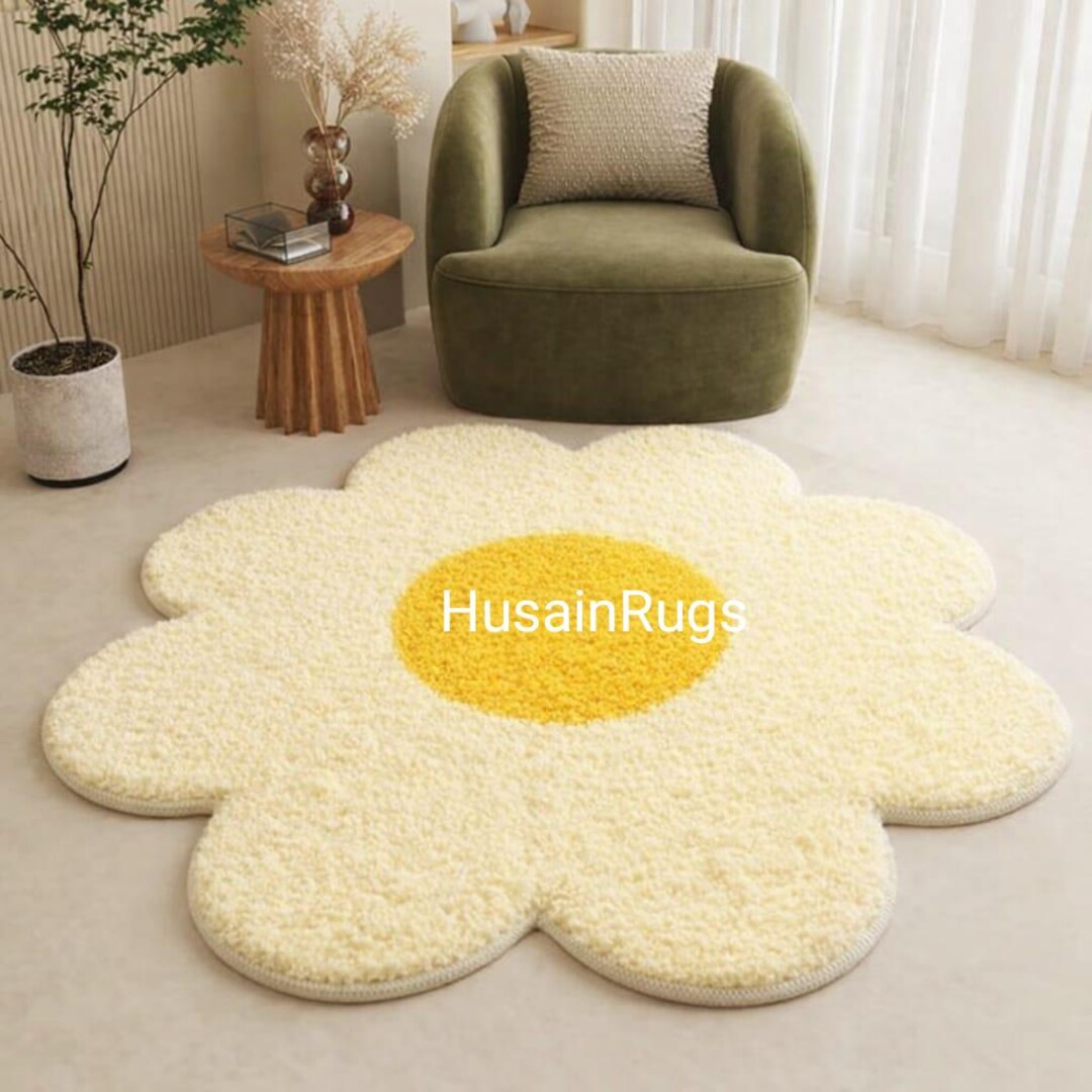 Hand Tufted Flower Rug, Daisy Shaped Cream & Yellow Area Rug, Modern ...