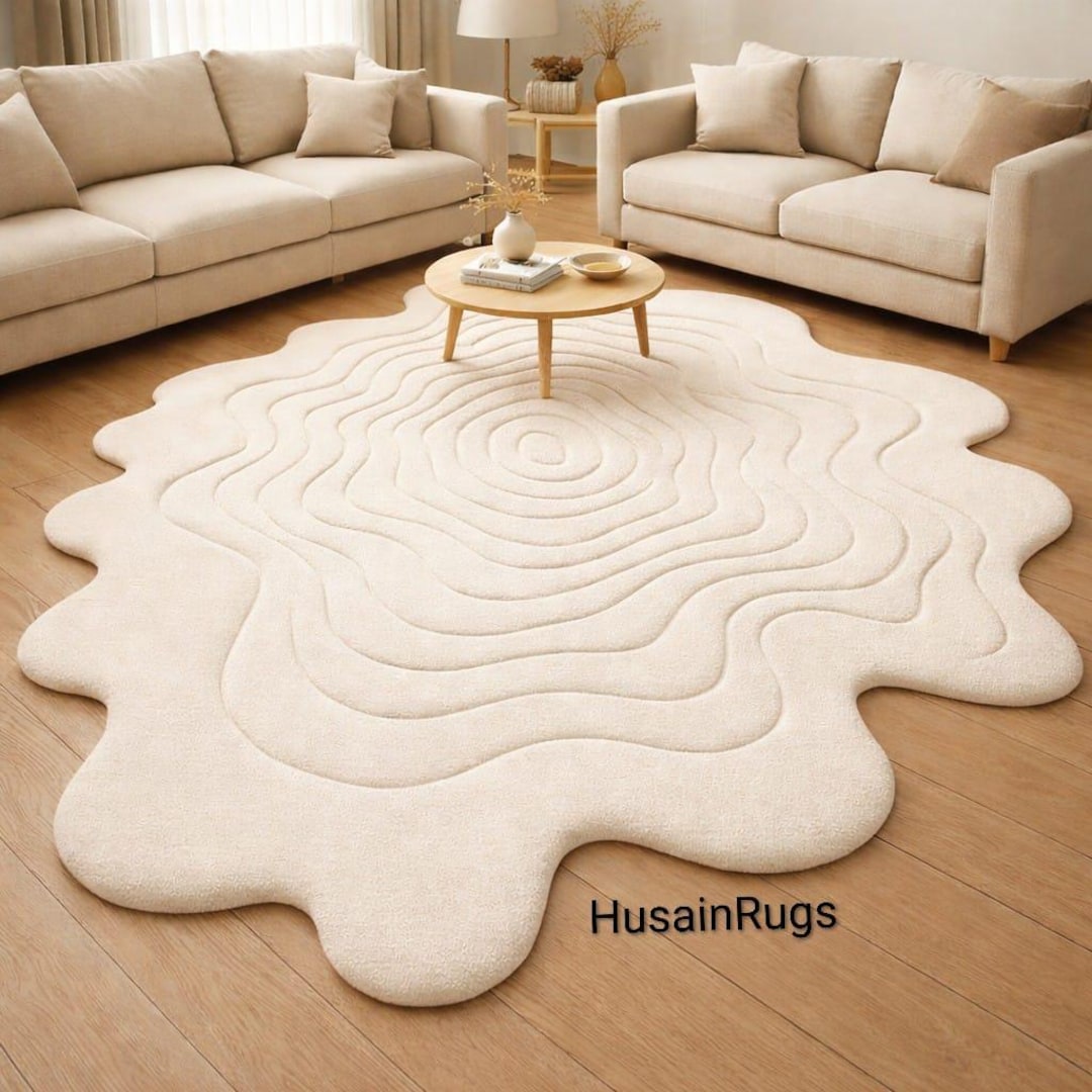 Hand Tufted Rug, Organic Shape Rug, Cream Area Rug, Abstract Rug ...