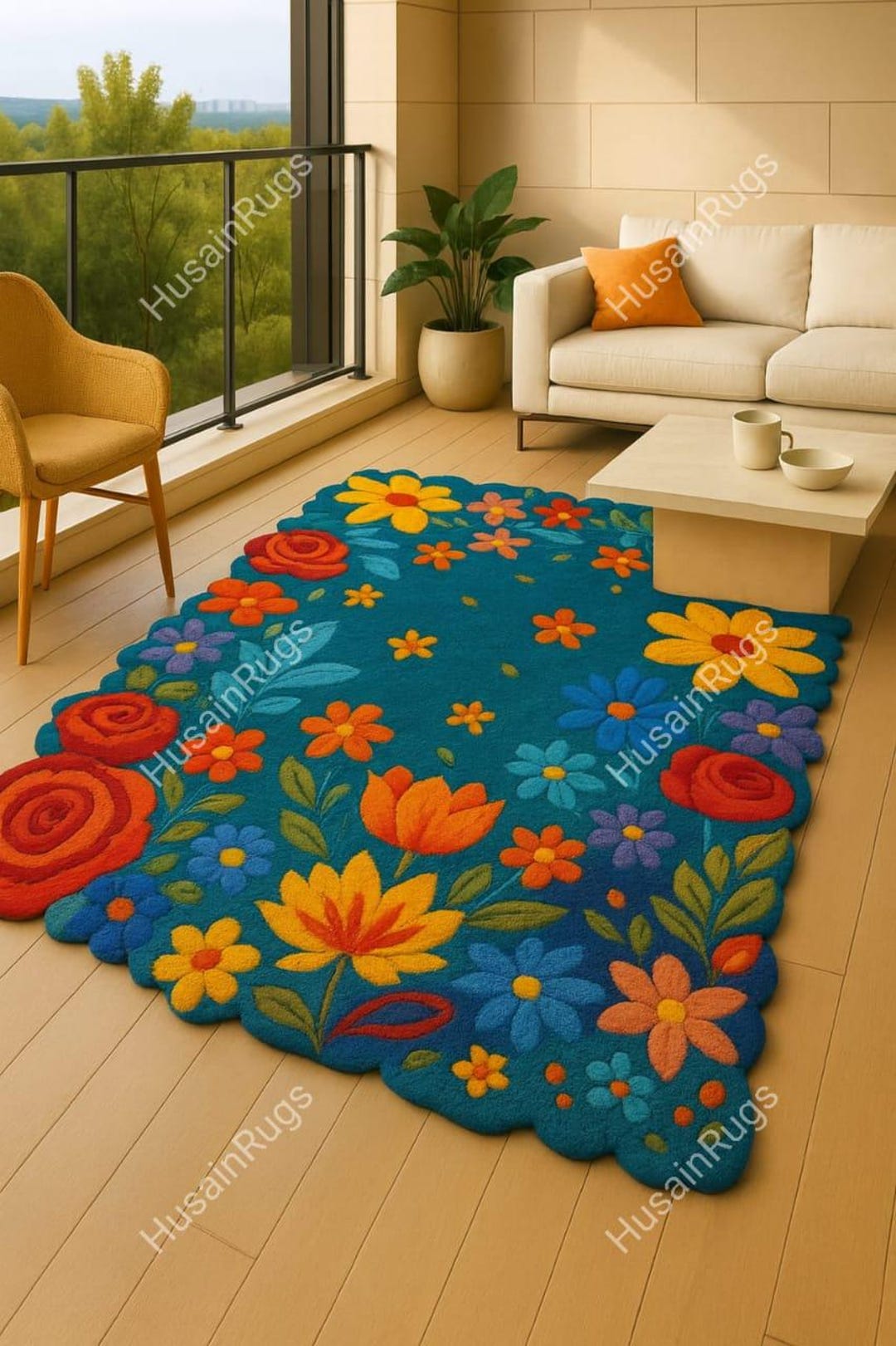 Hand Tufted Wool Rug | Blue Floral Carpet, Modern Art - Etsy