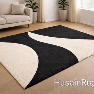 Hand Tufted Wool Area Rug | Black & Beige Abstract Design