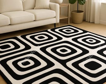 Alfombra con estampado de cuadrados en blanco y negro hecha a mano para decoración del hogar y el baño