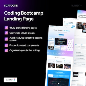 May include: A website design for a coding bootcamp, with the text "SCATCODE Coding Bootcamp Landing Page." Features include fully-crafted landing pages, conversion-driven layouts, and production-ready components. The website is displayed on a gradient purple and white background.