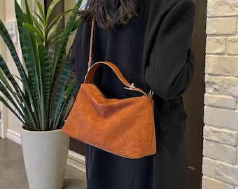 Brown Suede Shoulder Bag – Minimalist Vegan Handbag with Gold Zipper, Soft Faux Leather Purse