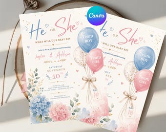 Gender Reveal Invitation Template | Editable Baby Reveal Party Invite | Pink and Blue Celebration Invitation | Canva Digital Download