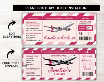 Plane Birthday Ticket Invitation Template ,Airplane Passport Invite ,Editable Canva Boarding Pass for Birthday Trip Surprise