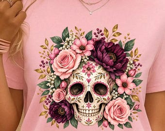 Floral Skull Sublimation PNG, Gothic Floral Skull Design, Spooky Halloween PNG, Skull Shirt Design, Flower Skull Digital Download
