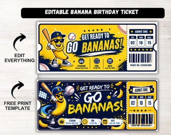 Editable Banana Baseball Ticket Template | Kids Birthday Surprise Gift Ticket | Canva Printable Baseball Game Ticket | Instant Download
