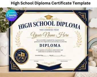 High School Diploma Certificate Template, Editable Graduation Diploma, Printable School Certificate, Graduation Award Template, Canva
