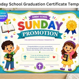 May include: A Sunday School promotion certificate template featuring colourful text, a gold award ribbon, an open Bible, and illustrations of two children holding Bibles. The text includes "Sunday School Promotion," "Congratulations on your promotion," and "I can do all things through Christ who strengthens me. Philippians 4:13."