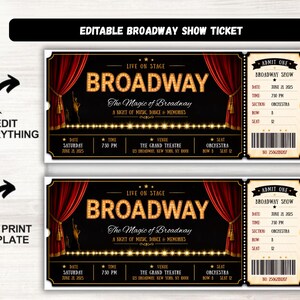 Może przedstawiać: Dwa identyczne prostokątne szablony biletów na Broadway z czarnym tłem i czerwonymi kurtynami scenicznymi po bokach. Tekst zawiera napisy Broadway, The Magic of Broadway, A Night of Music, Dance & Memories oraz szczegóły dotyczące daty, godziny, miejsca i miejsca siedzącego.