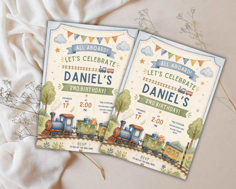 May include: Two rectangular birthday invitation cards featuring a watercolor train theme. The text reads: ALL ABOARD! LET'S CELEBRATE DANIEL'S 2ND BIRTHDAY! SATURDAY MAY 17 AT 2:00 PM THE STATION 1212 RAILROAD LANE AUSTIN, TEXAS 78701 RSVP TO MIA AT 123.456.7890.