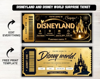 Disneyland and Disney world Surprise Ticket| Editable Vacation Reveal Ticket | Family Trip Gift Ticket | Printable Canva Digital Download
