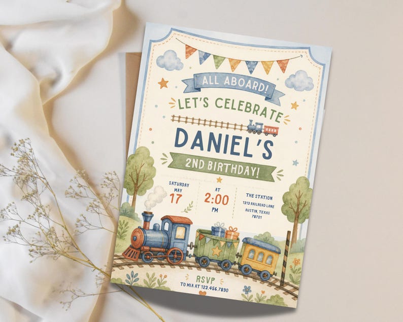 May include: A rectangular birthday invitation card featuring a watercolor train theme. The text reads: ALL ABOARD! LET'S CELEBRATE DANIEL'S 2ND BIRTHDAY! SATURDAY MAY 17 AT 2:00 PM THE STATION 1212 RAILROAD LANE AUSTIN, TEXAS 78701 RSVP TO MIA AT 122.456.7890.