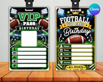 Football VIP Pass Birthday ID Badge, Editable Football Birthday Badge, Sports Party VIP Ticket, Soccer Birthday Pass, Canva Template