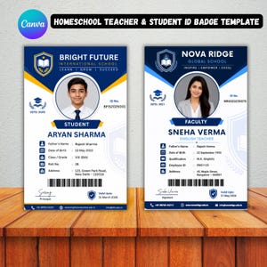 Hemundervisningslärare och elev-ID-bricka | Redigerbart skol-ID-kort | Utskrivbart klassrumsnamnbricka | Redigera online med Canva | Digital nedladdning